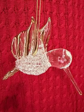 Set Of 6 Hand Blown Spun Glass Hummingbird Christmas Ornaments with Gold Accents